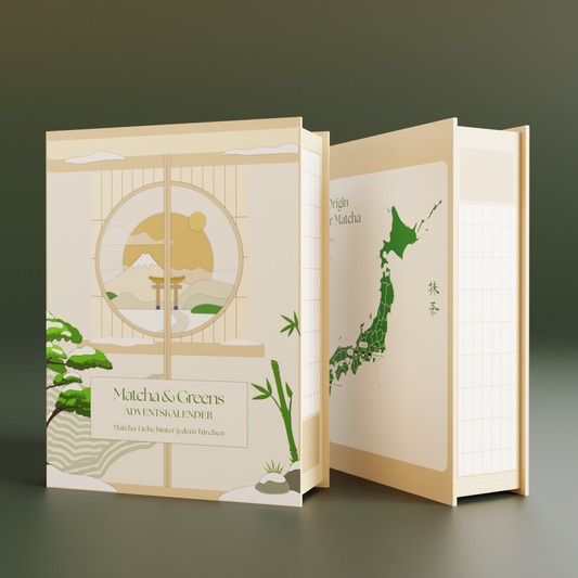 Matcha Adventskalender 2026 von Matcha & Greens – Tee-Adventskalender mit japanischem Teegarten-Design, Vorder- und Rückseite